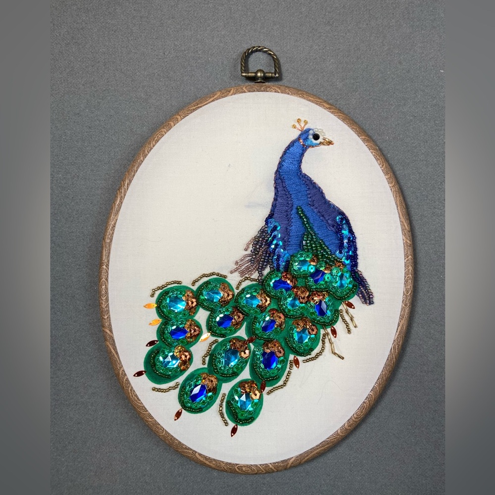 Peacock Embroidery with Sequins and Beads Oval Shape‎ Frame 11.5” x 9”